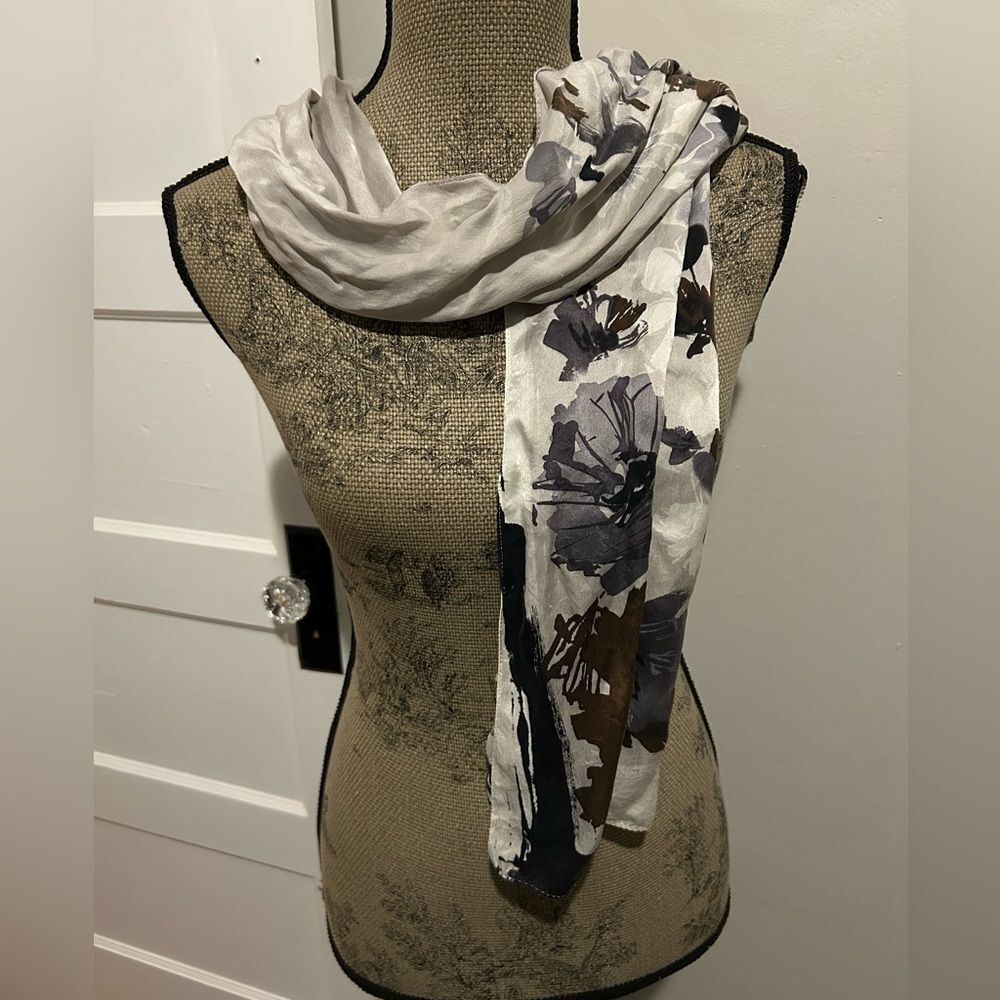 Anne Klein Black, Brown, and Gray Floral 100% Silk Fine Scarf